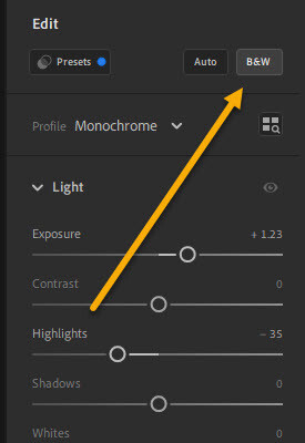how to convert to black and white in Lightroom